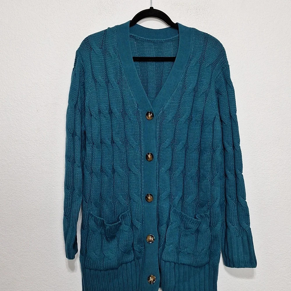 Peacock Green Grandma Core Chunky Cable Knit Heavy Thick Cardigan Y2K Sweater XL